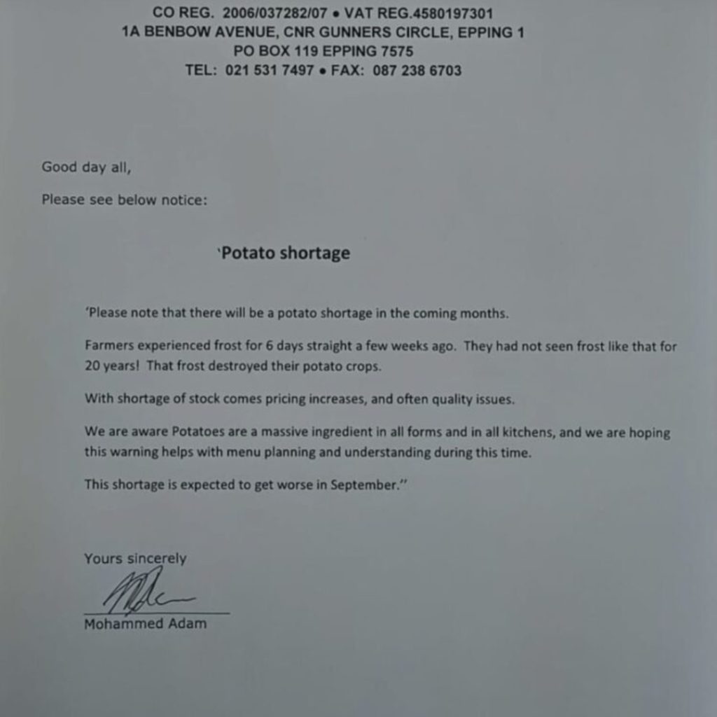 potato shortage in the next coming months Benoni Media